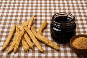 frasco de algarrobina piurana con algarrobas al costado