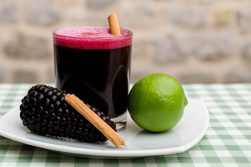 vaso de chicha morada con limones y canela alrededor