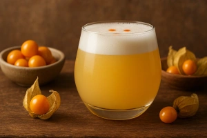 delicioso pisco sour de aguaymanto en vaso listo para disfrutar