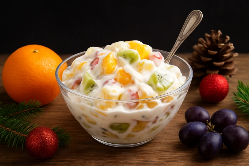 Colorida ensalada de frutas navideña con fresas y kiwi