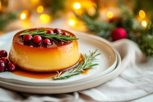 Delicioso flan navideño de vainilla en un plato listo para servir