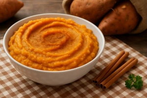 Puré de camote dulce con canela servido en un plato blanco