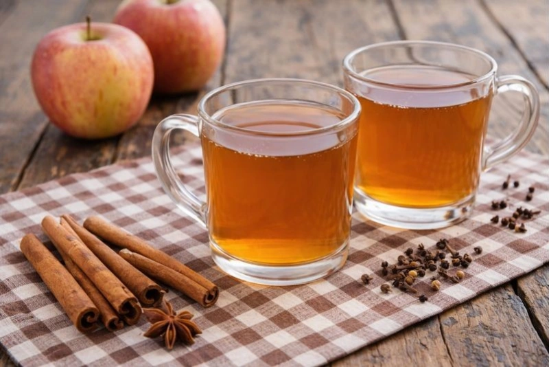 Refrescante agua de canela con manzana en vaso transparente