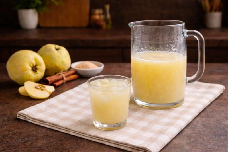 Refrescante agua de membrillo peruana en vaso transparente