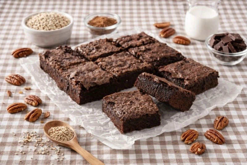 Delicioso brownie de quinua con textura esponjosa y húmeda