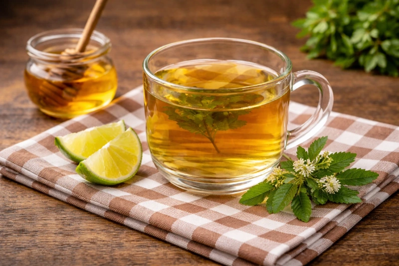 Taza de mate de muña caliente con hojas frescas al lado