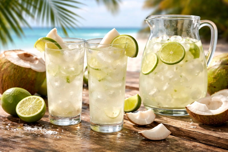 Refrescante agua de coco con limón en vaso transparente
