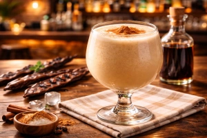 Deliciosa bebida de algarrobina peruana en vaso transparente