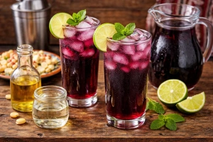 Vibrante chilcano de chicha morada en vaso transparente