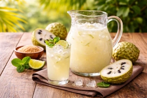 Refrescante agua de chirimoya en vaso con hielo y rodajas