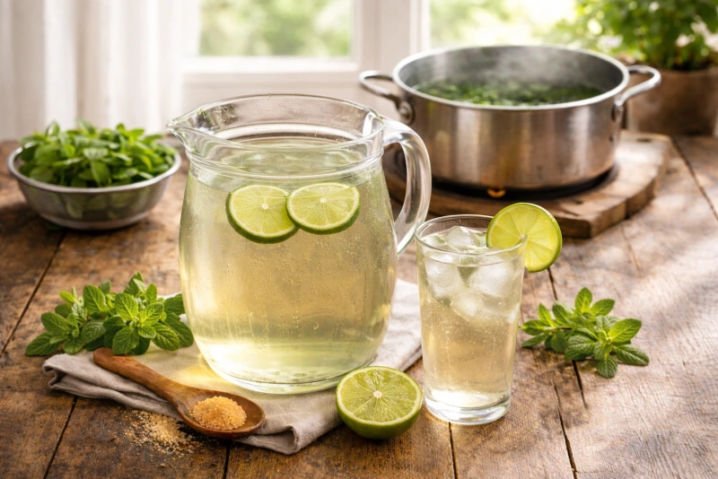 Refrescante agua de hierba buena en vaso de vidrio transparente