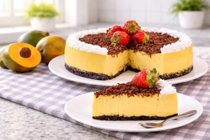 Delicioso cheesecake de lúcuma cremoso y dorado