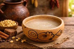 Vaso de chicha de jora con maíz y fondo andino