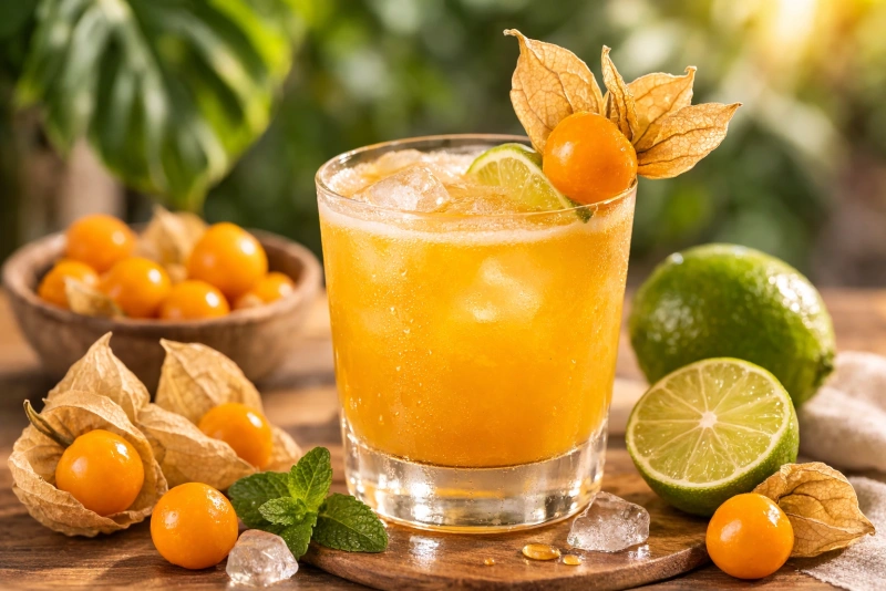 Coctel de aguaymanto refrescante y tropical en copa elegante