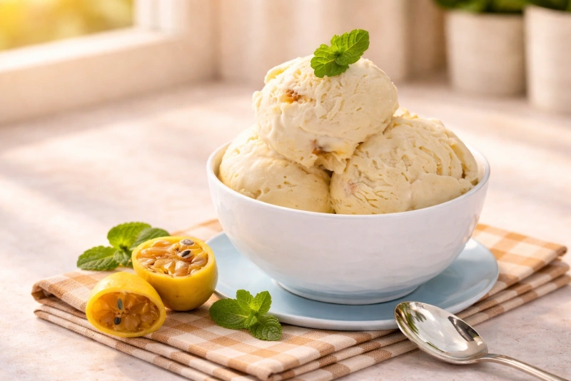 Delicioso helado de tumbo peruano casero en un bol blanco
