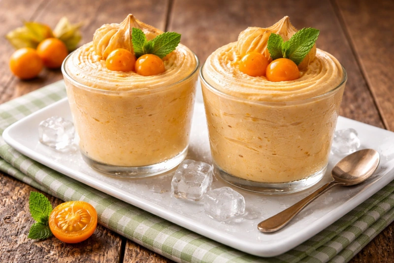 Delicioso mousse de aguaymanto peruano en presentación elegante