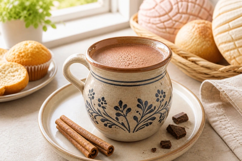 Delicioso atole de chocolate espeso y casero en taza humeante