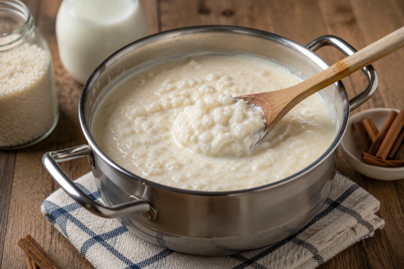Arroz con leche cremoso y sin cortes ni quemaduras