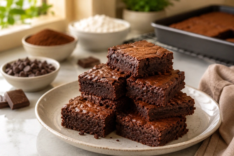 Brownies esponjosos con brillo y nueces sobre tabla de madera